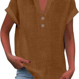 Floleo Linen VNeck Button Blouse Short Sleeve Top, Coffee Brown, SIZE SMALL
